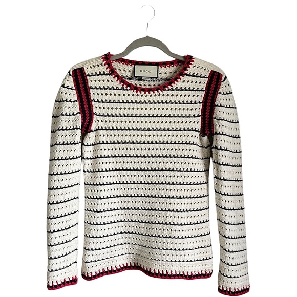 Vintage Gucci Woven Pullover Ivory Sweater with Red/Navy Trim - Picture 2 of 6